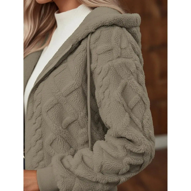 Campera Corta Trenzada Puños Capucha Polar Peluda Uniteduy