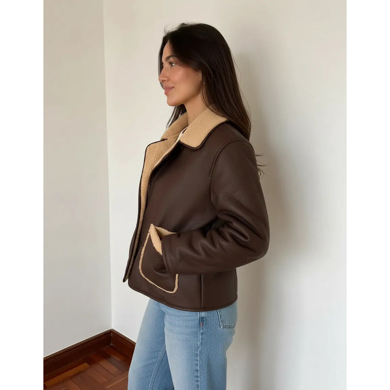 Campera Gamulán Corderito Cuello Solapa Marrón Para Mujer