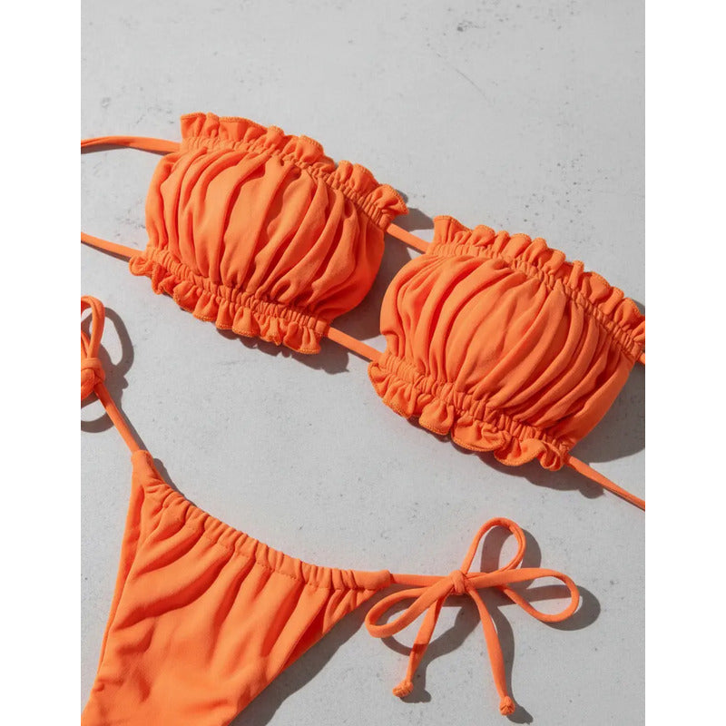 Bikini Malla Bandeau Plisado Naranja Con Tiras Uniteduy