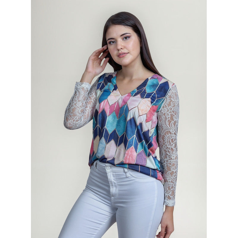 Blusa Dama Con Encaje Y Diseño En Rombos