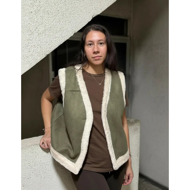 Chaleco De Dama Gamulán Forrado Con Corderito Verde Militar