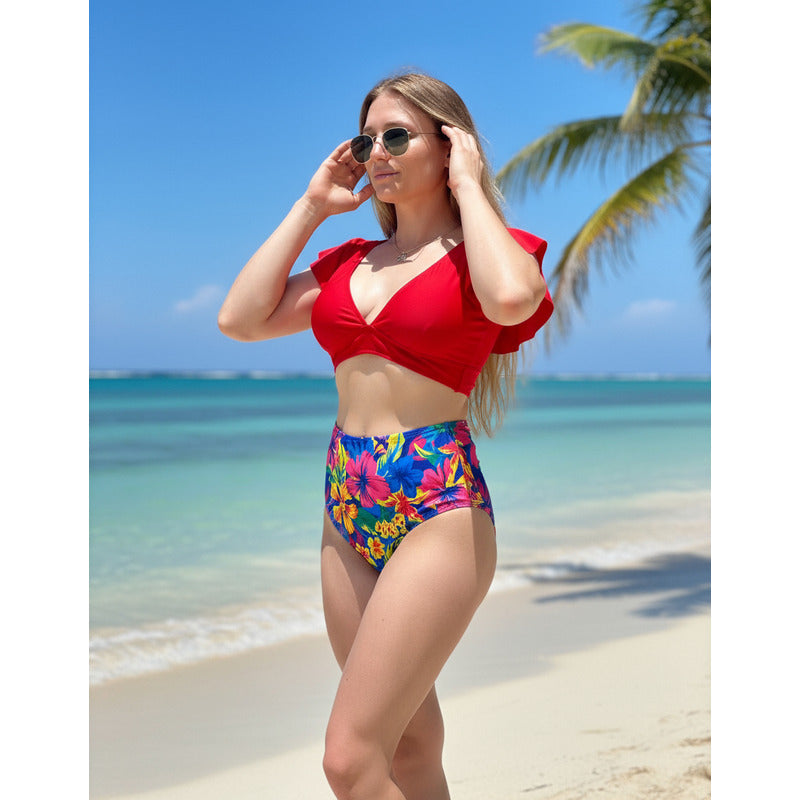 Bikini Tiro Alto Ani Rojo Flores Mujer - Uniteduy