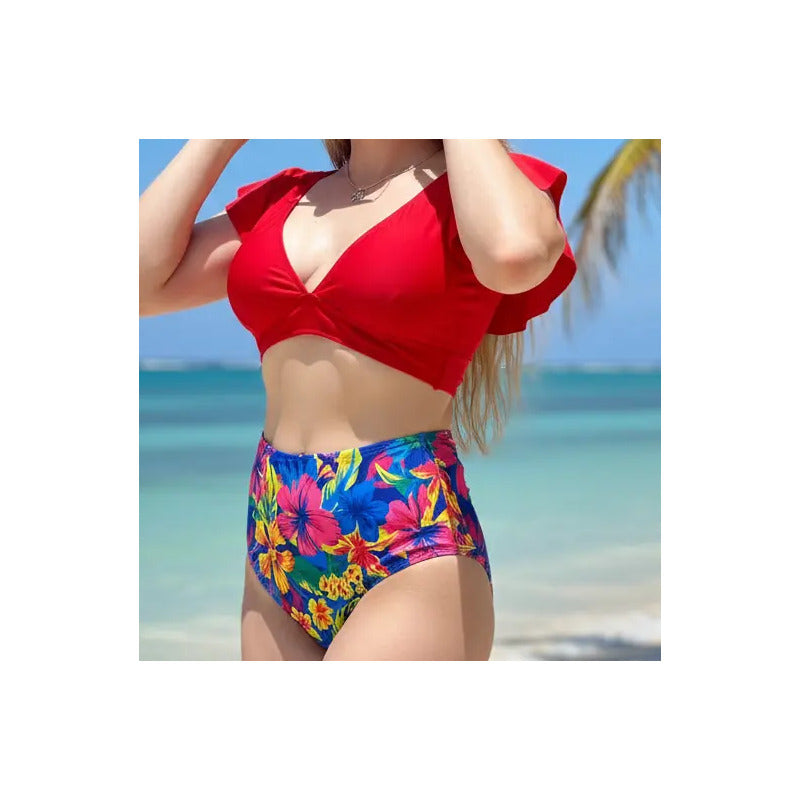 Bikini Tiro Alto Ani Rojo Flores Mujer - Uniteduy