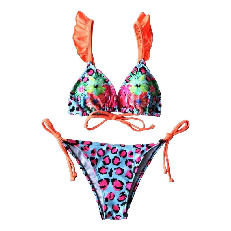 Bikini Celeste Con Animal Print En Fucsia Y Naranja Con Tira