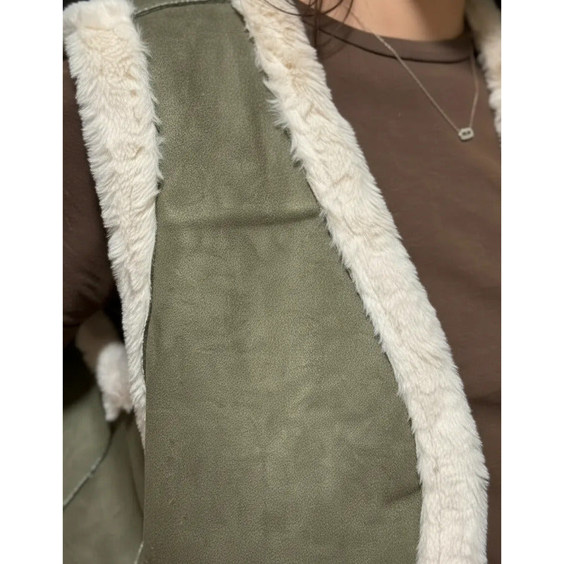 Chaleco De Dama Gamulán Forrado Con Corderito Verde Militar
