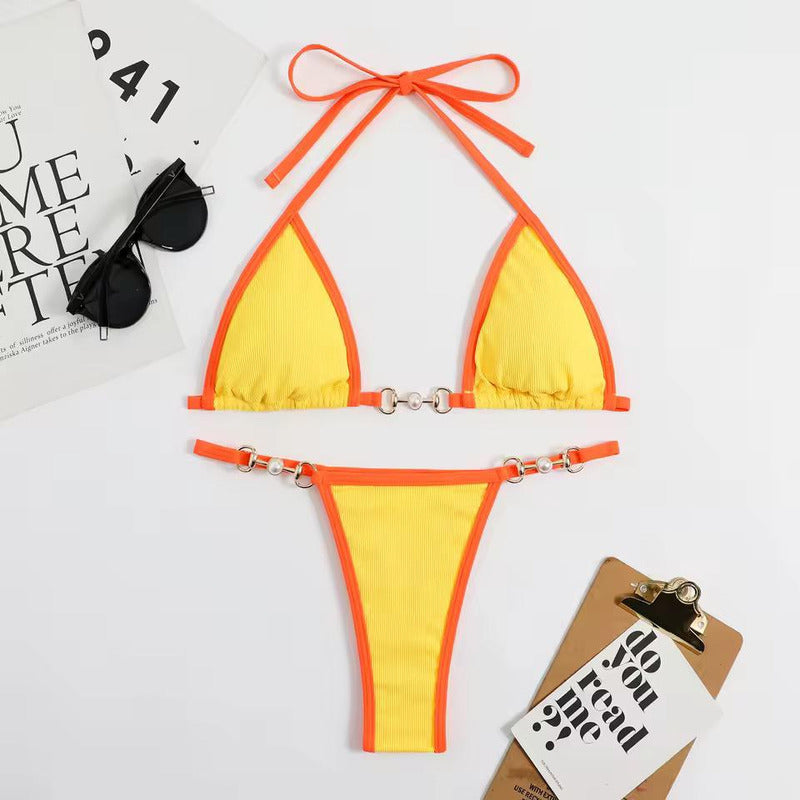 Bikini Triangulo Cadena Con Perla Colaless Varios Colores