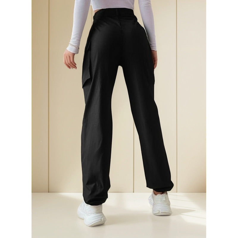 Pantalón Cargo Dama Con Bolsillos Y Puños Negro Y Beige