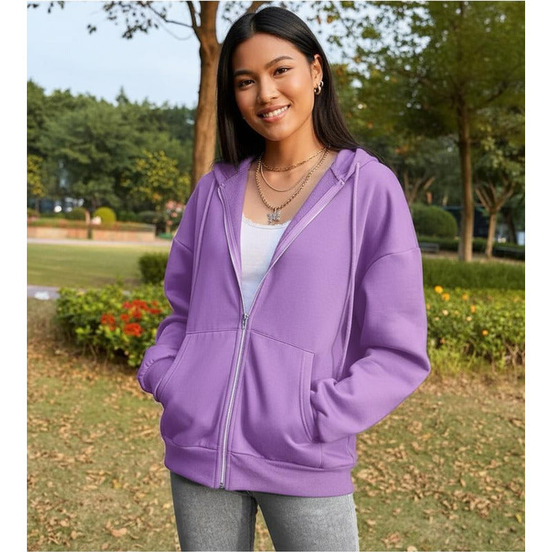 Campera Canguro Con Cierre Bolsillos Capucha Dama Lisa