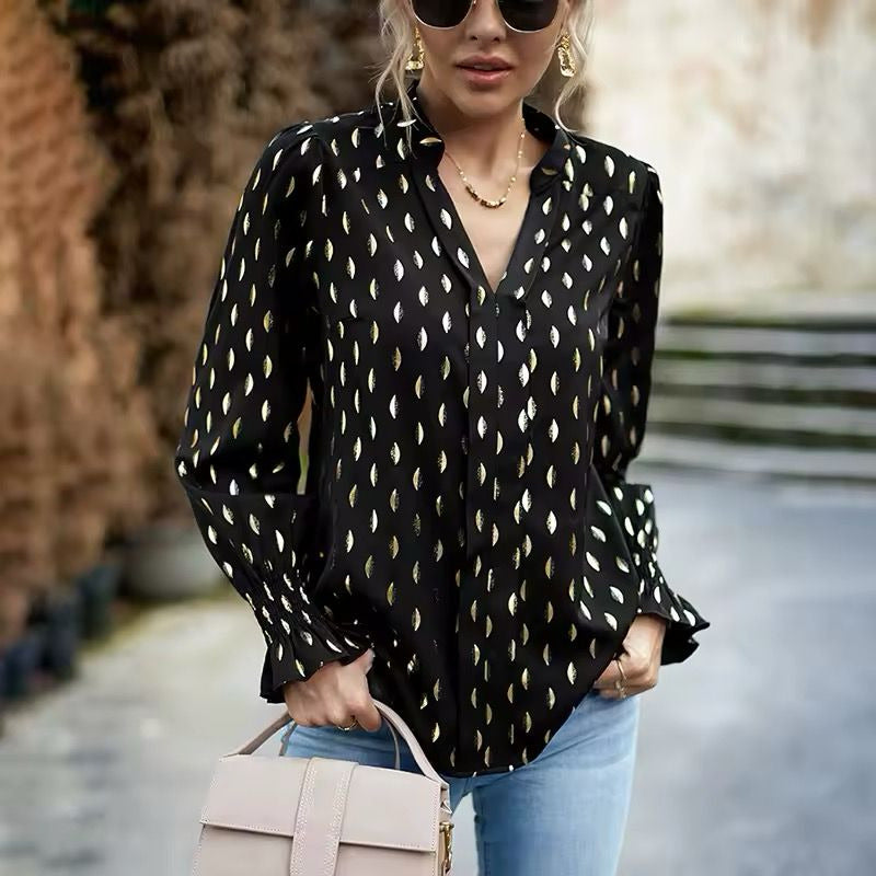 Camisa Blusa Manga Larga Cuello V Manga Volados Con Dorado