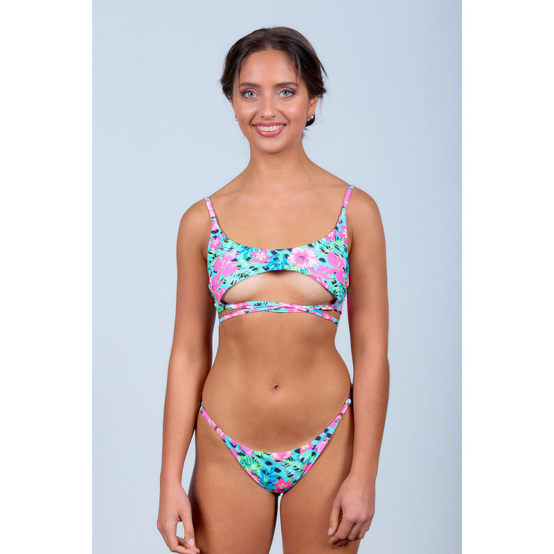 Malla Bikini Regulable Estampado Fucsia Y Turquesa Floreado
