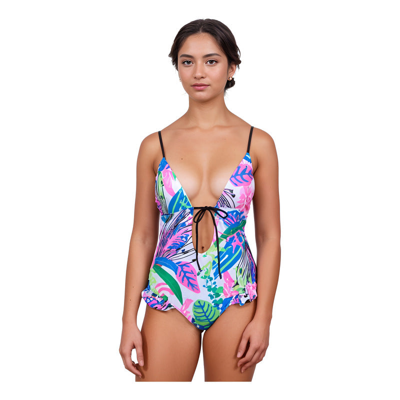 Bikini Malla Enteriza Estampada Y Rosado Breteles Regulables