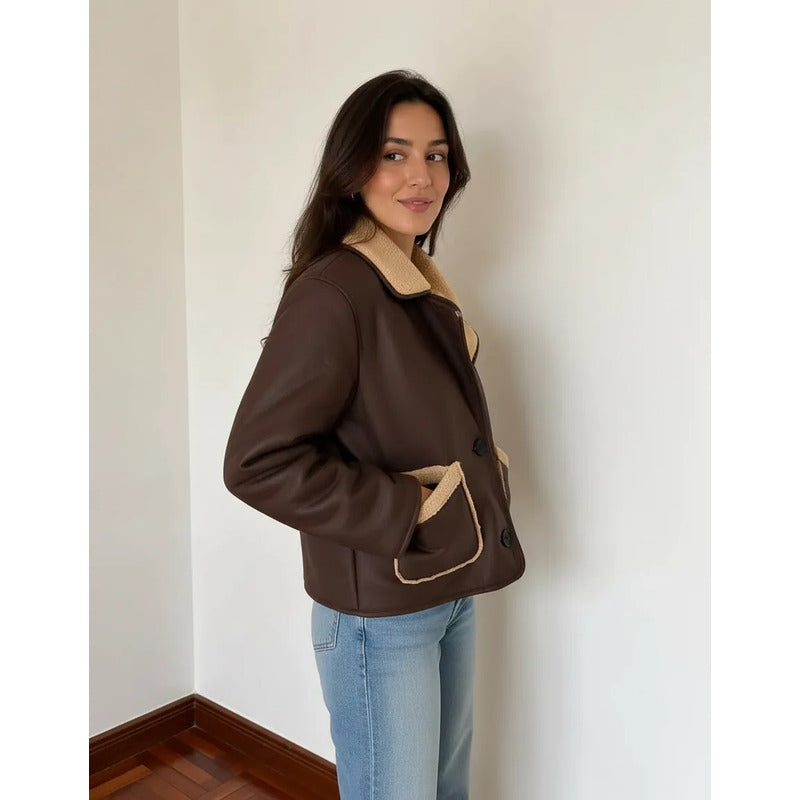 Campera Gamulán Corderito Cuello Solapa Marrón Para Mujer