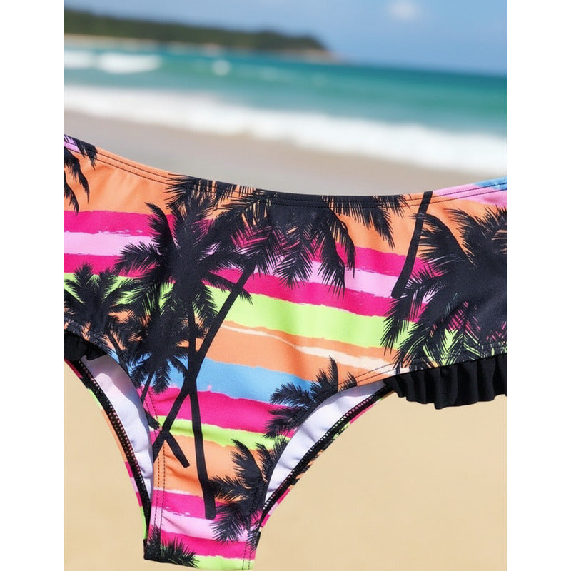 Bikini Estampado Palmeras Tiro Medio Con Volados Uniteduy
