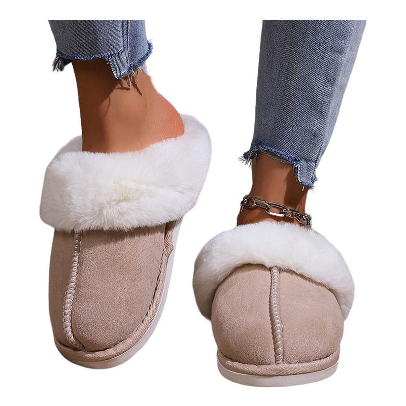 Pantufla Gamuza Peluda Suela De Goma Con Punta Cerrada
