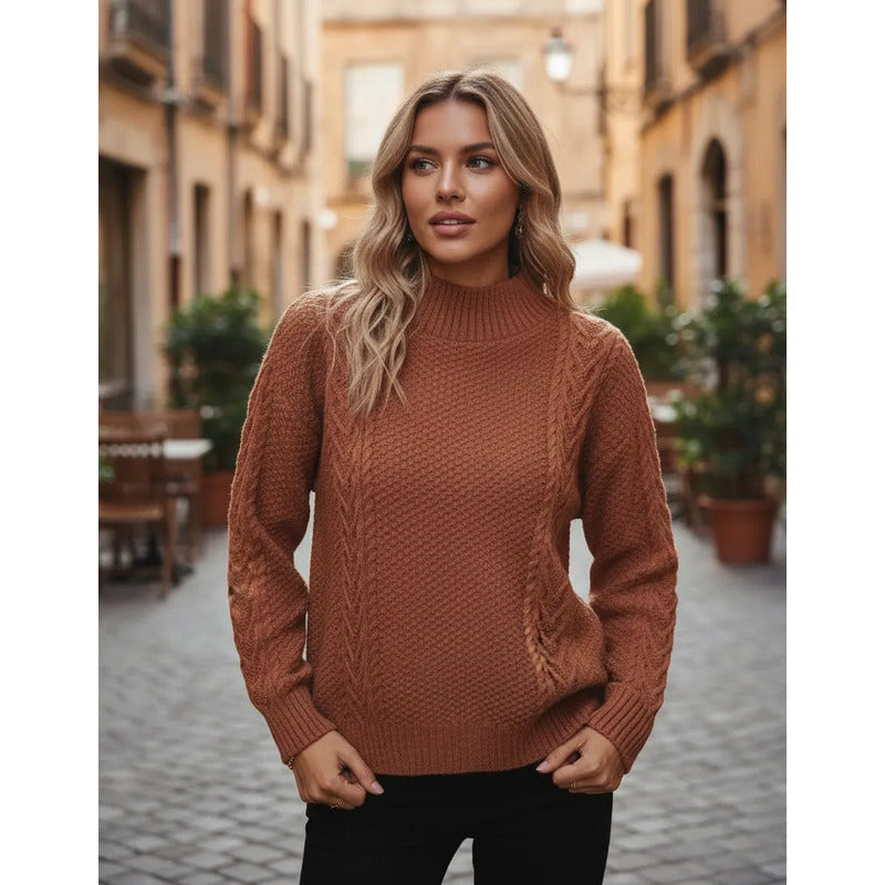 Sweater Buzo De Dama Tejido Trenzado Con Cuello Alto Y Tajo