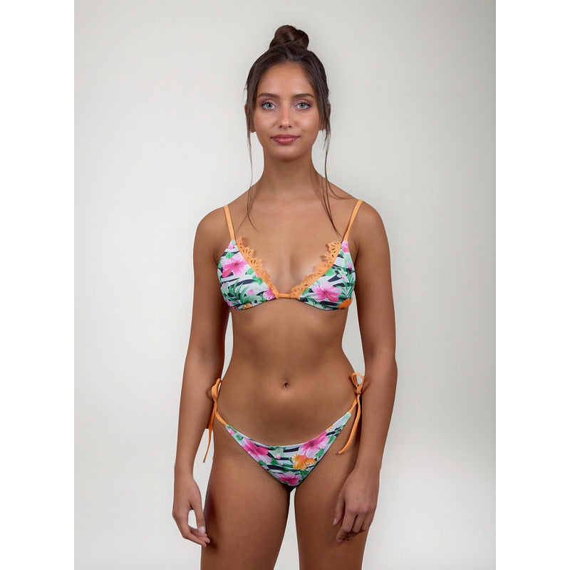 Bikini Malla Con Flores Naranja Fucsia Cola Less Y Tiras