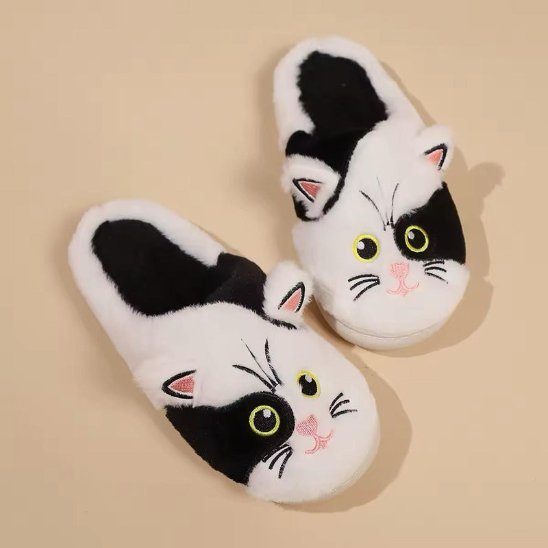 Pantufla Gato Sin Talón Peluda Negra Y Blanca Suela De Goma