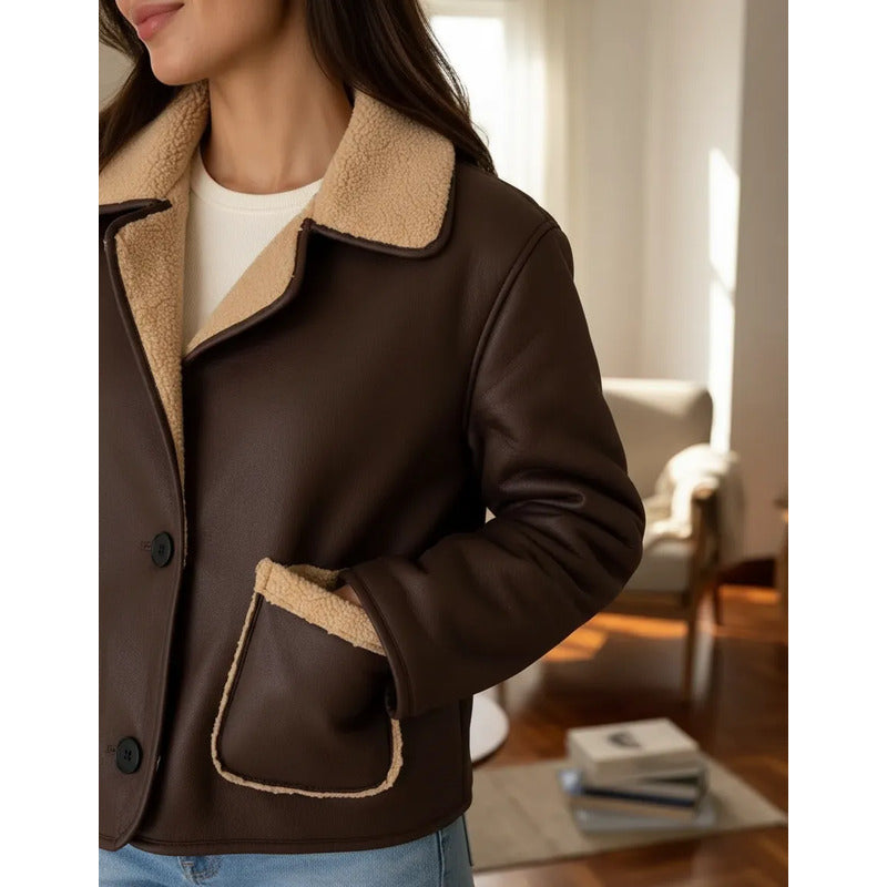 Campera Gamulán Corderito Cuello Solapa Marrón Para Mujer