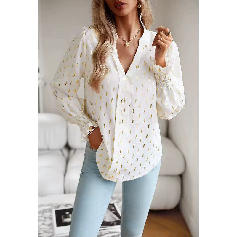 Camisa Blusa Manga Larga Cuello V Manga Volados Con Dorado