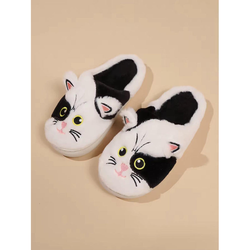 Pantufla Gato Sin Talón Peluda Negra Y Blanca Suela De Goma