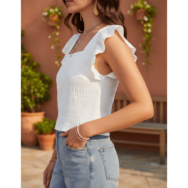 Blusa Remera Cuello Cuadrado Con Manga Corta Volado Uniteduy