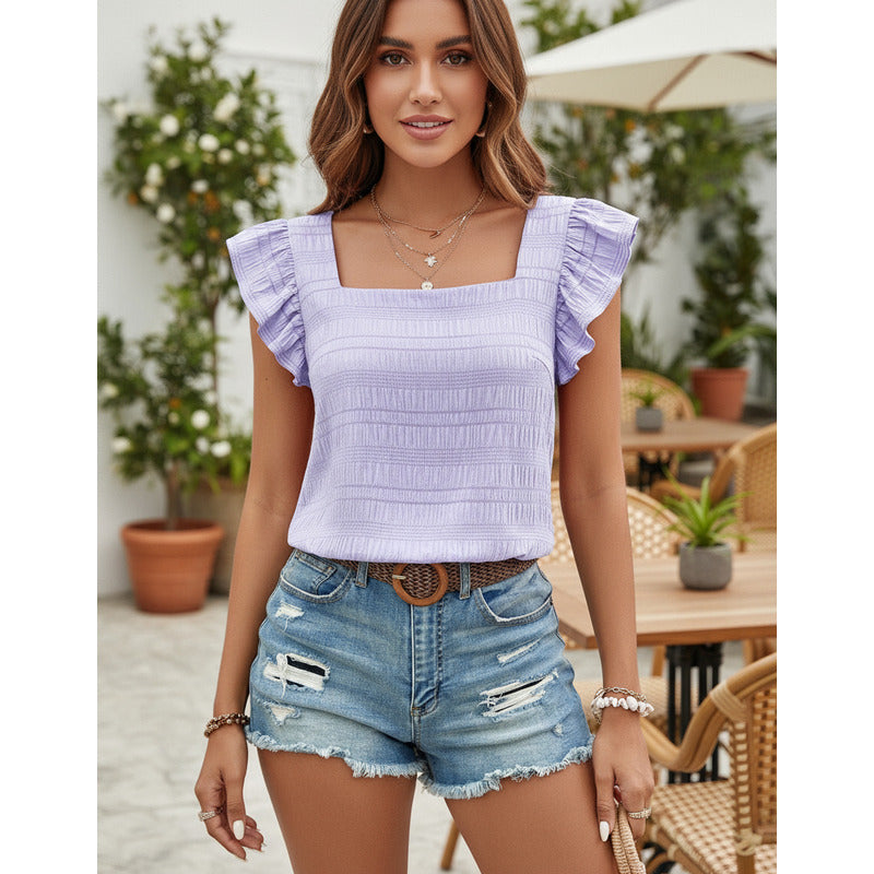 Blusa Remera Cuello Cuadrado Con Manga Corta Volado Uniteduy