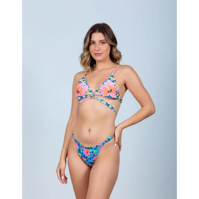 Bikini Malla Espalda Cruzada Camuflado Con Flores Triangulo
