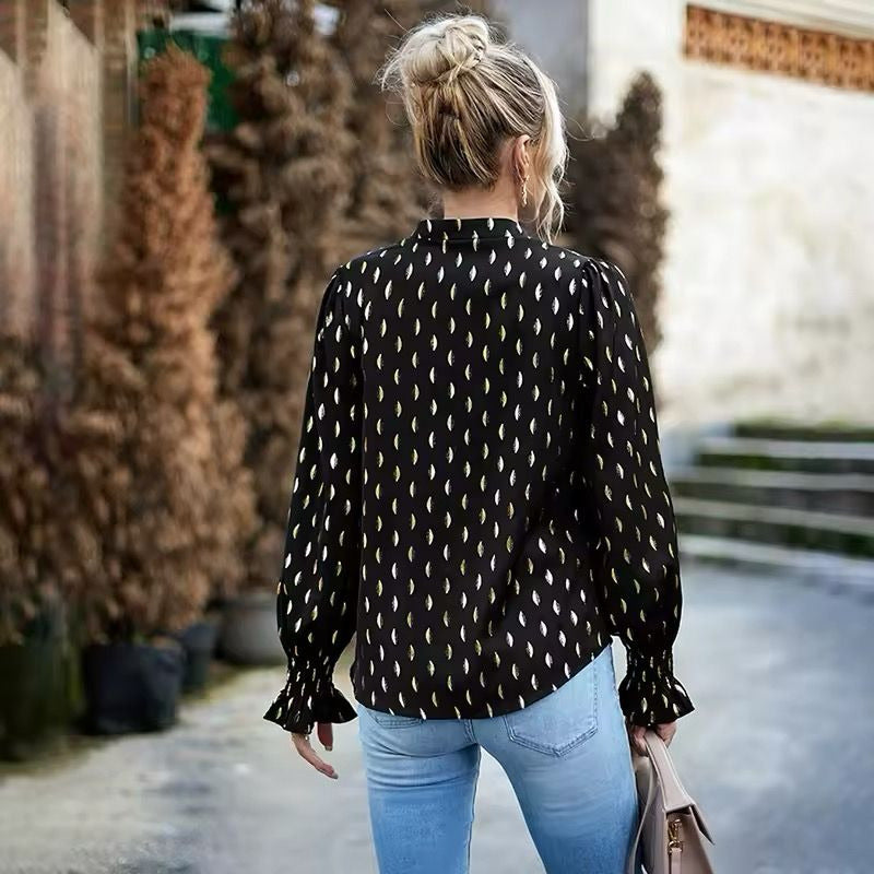 Camisa Blusa Manga Larga Cuello V Manga Volados Con Dorado