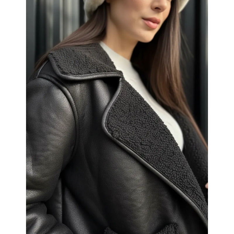Campera Gamulán Cuello Solapa  Mujer Con Corderito Negro