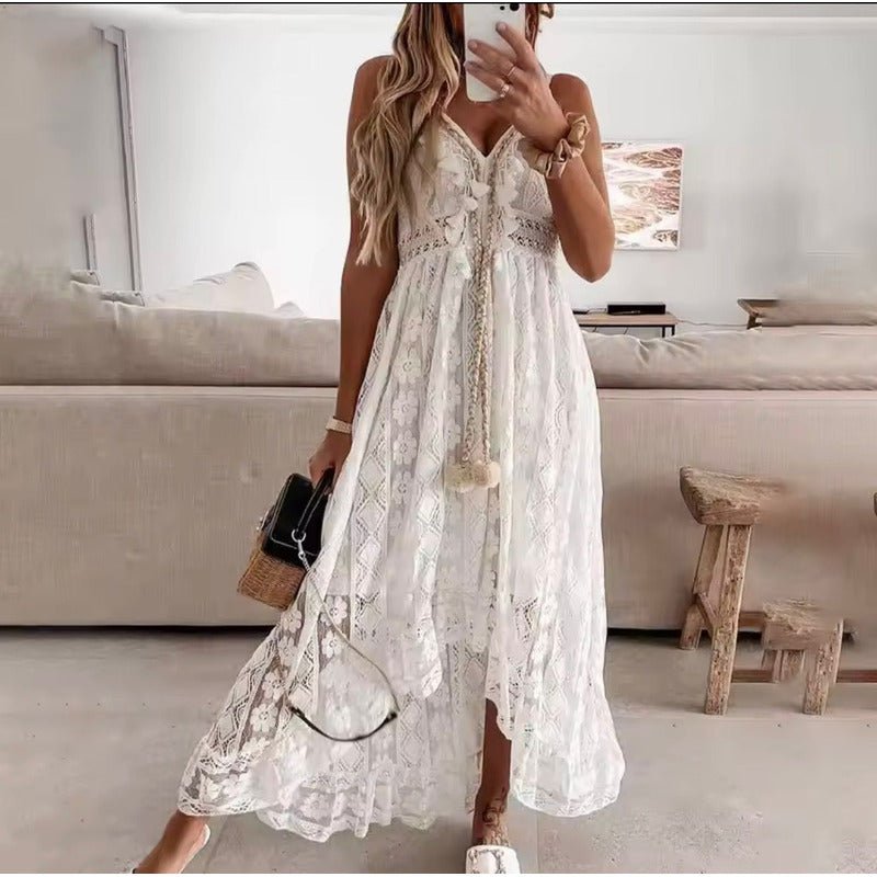 Vestido Verano Playa Falda Irregular Encaje Calado Uniteduy