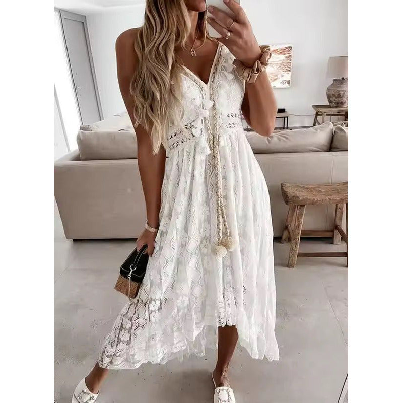 Vestido Verano Playa Falda Irregular Encaje Calado Uniteduy