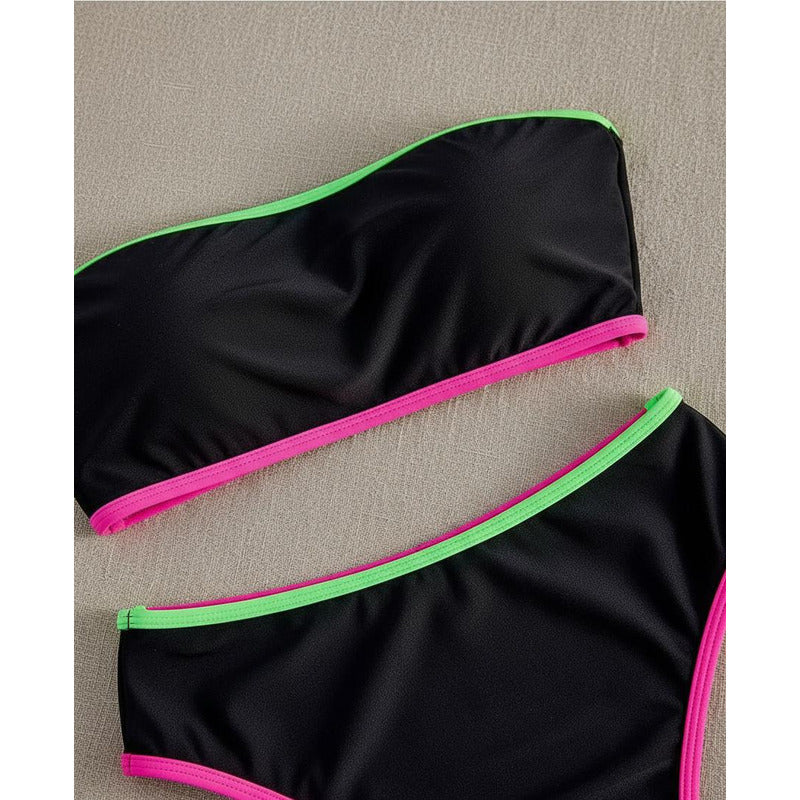 Bikini Tiro Medio Negro Sin Bretel Con Fucsia Y Verde