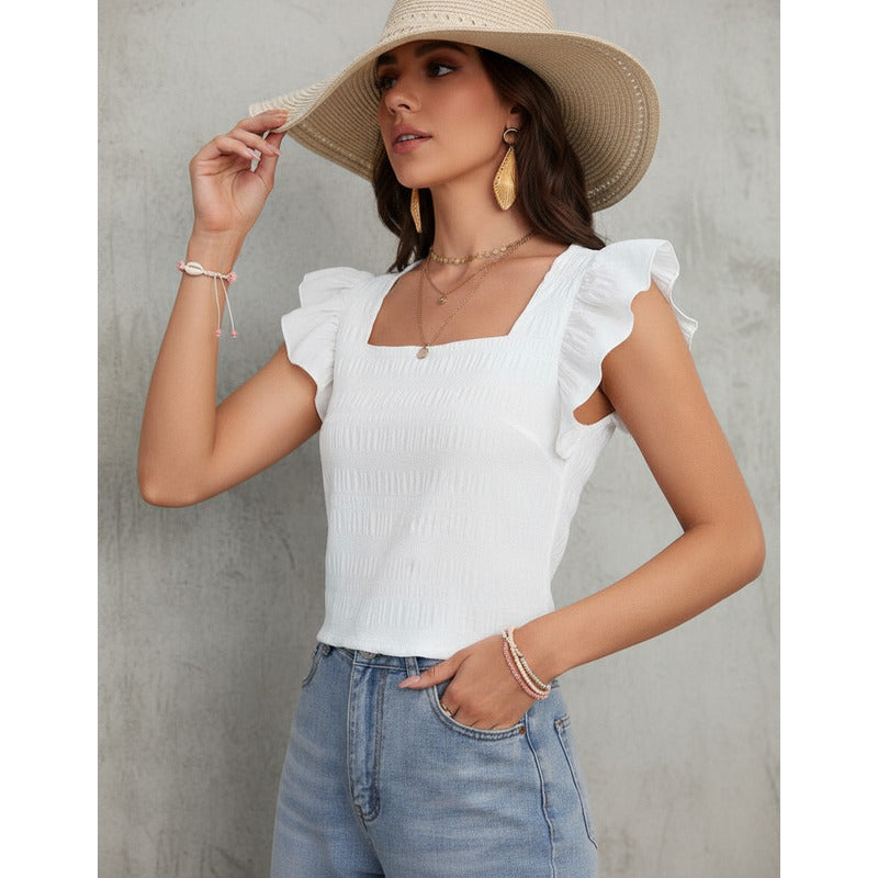 Blusa Remera Cuello Cuadrado Con Manga Corta Volado Uniteduy