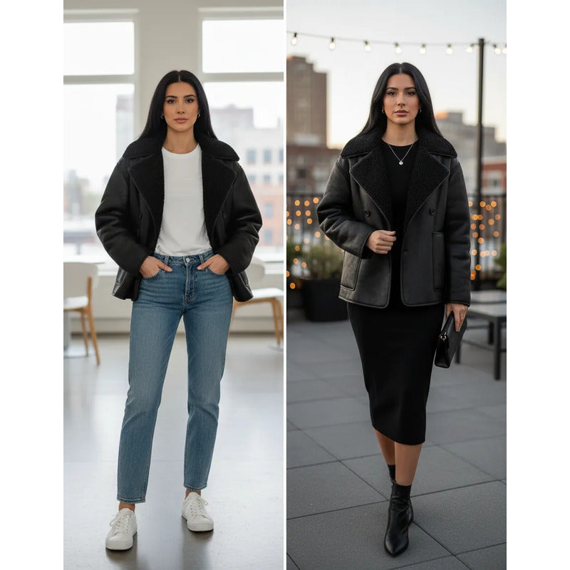 Campera Gamulán Cuello Solapa  Mujer Con Corderito Negro