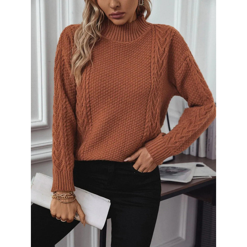 Sweater Buzo De Dama Tejido Trenzado Con Cuello Alto Y Tajo