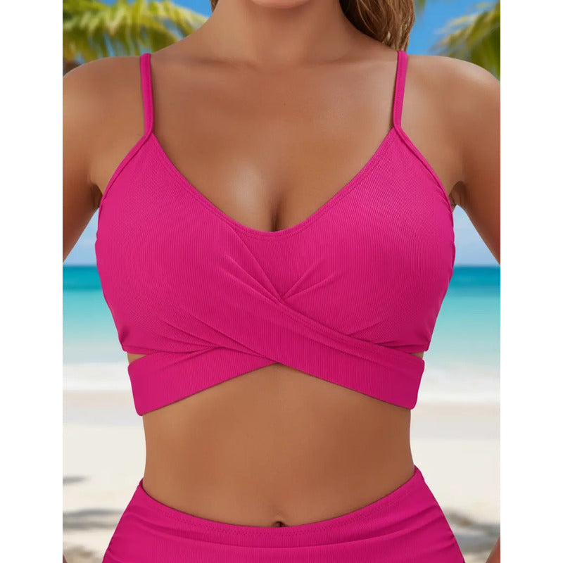 Bikini Tiro Alto Liso Push Up Cruzado Uniteduy