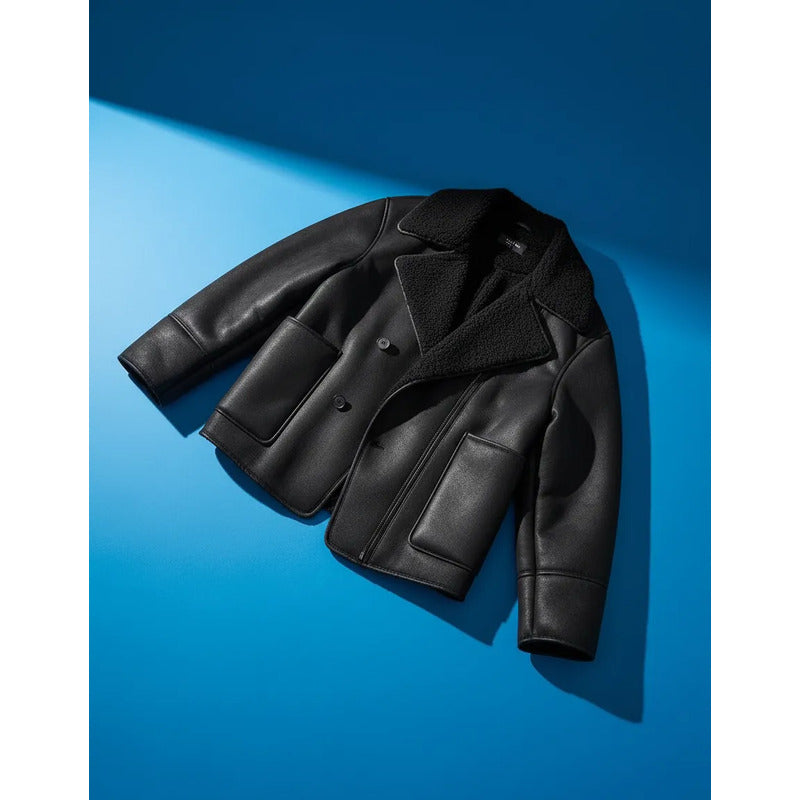 Campera Gamulán Cuello Solapa  Mujer Con Corderito Negro