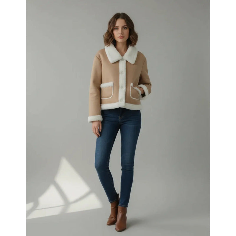 Campera Gamulán Corta Dama Forrada Corderito Beige