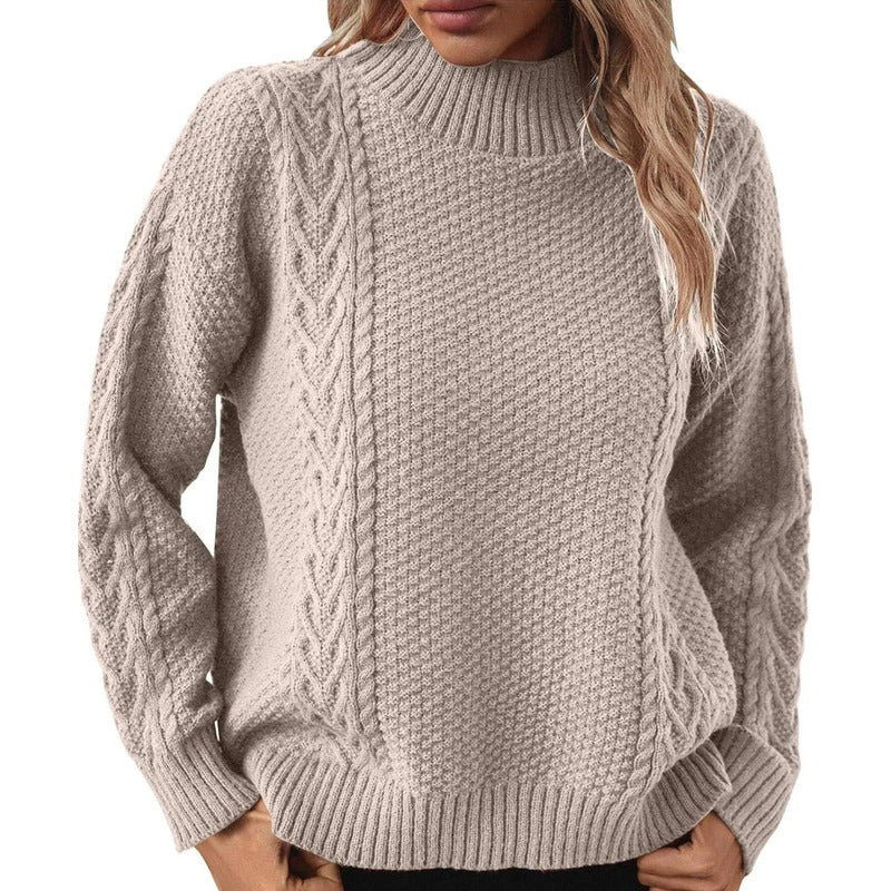 Sweater Buzo De Dama Tejido Trenzado Con Cuello Alto Y Tajo