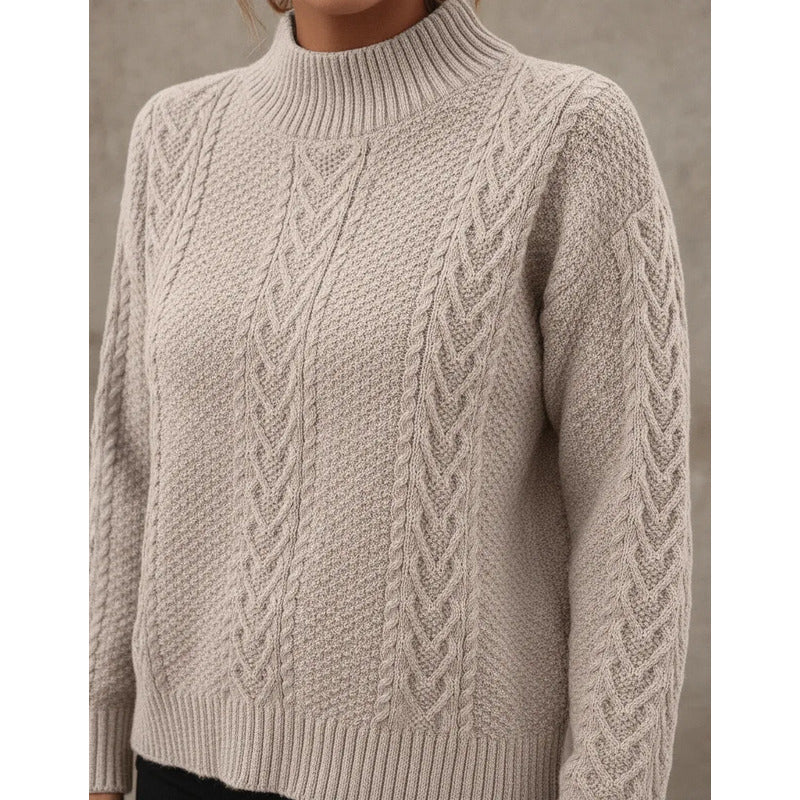 Sweater Buzo De Dama Tejido Trenzado Con Cuello Alto Y Tajo