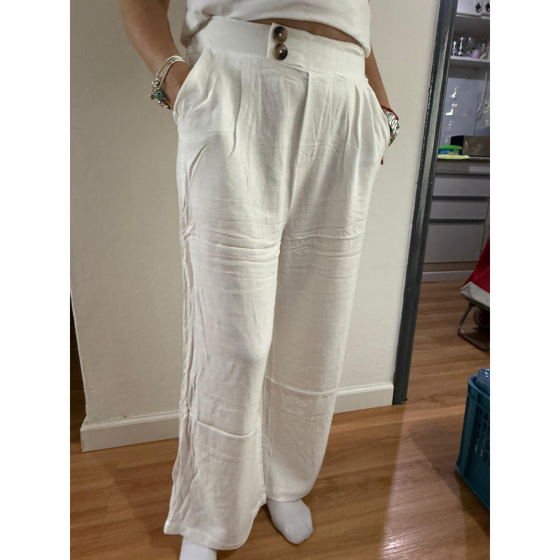 Pantalón Palazzo Elastico Tipo Lino Botones Dama Uniteduy