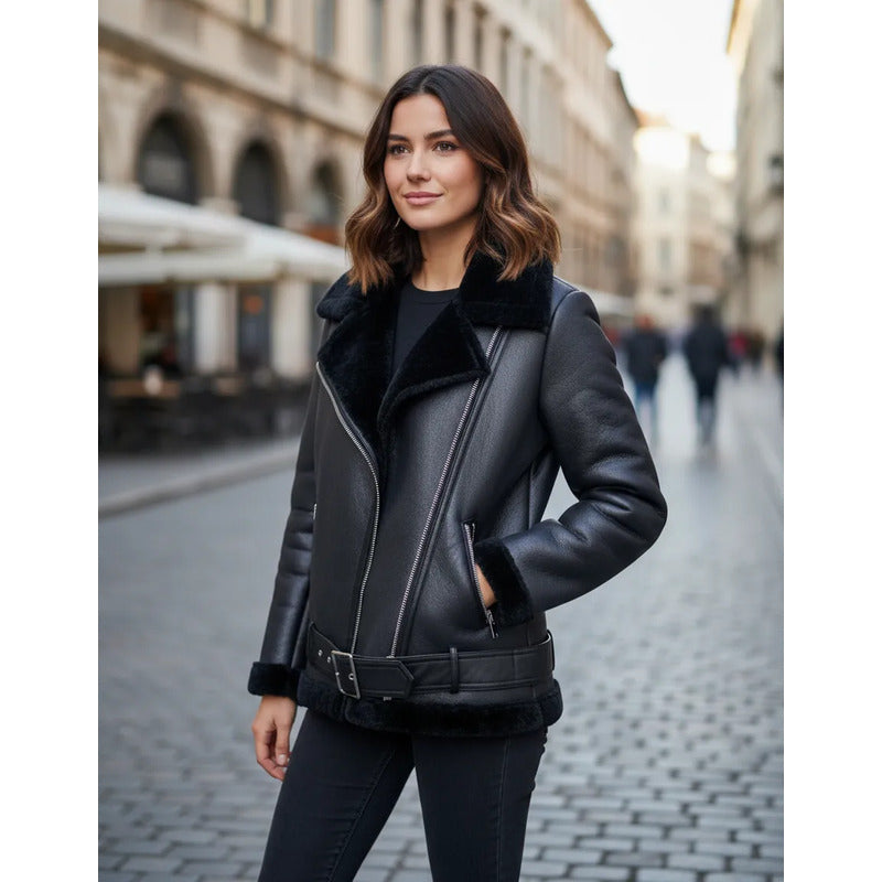 Campera Mujer Biker Gamulán Negra Forrada Corderito