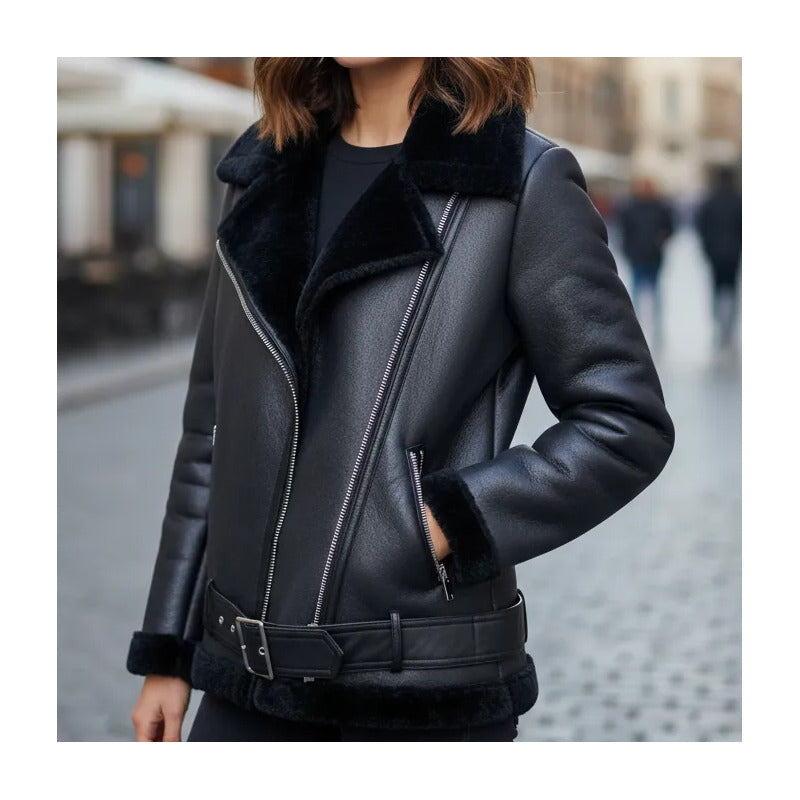 Campera Mujer Biker Gamulán Negra Forrada Corderito