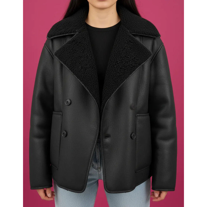 Campera Gamulán Cuello Solapa  Mujer Con Corderito Negro