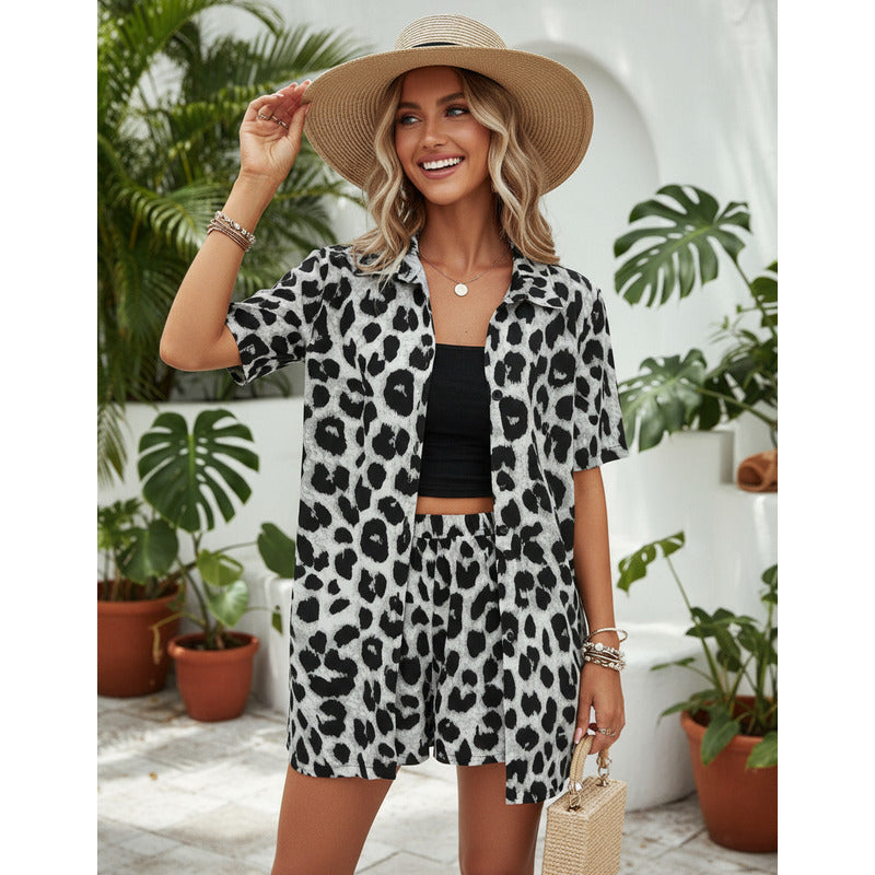 Conjunto Camisa Manga Corta Short Con Elástico Animal Print
