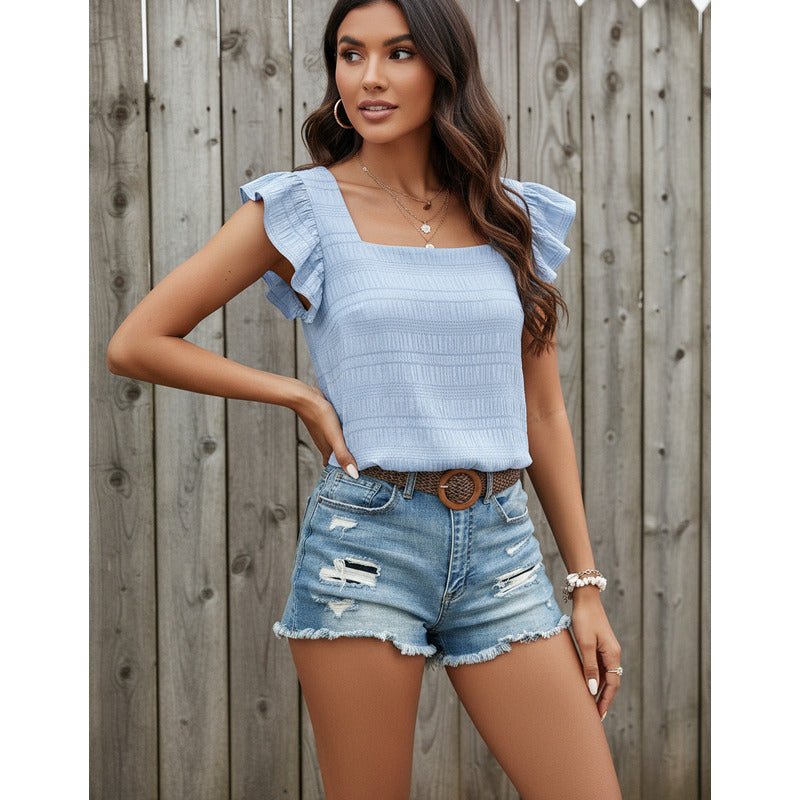 Blusa Remera Cuello Cuadrado Con Manga Corta Volado Uniteduy