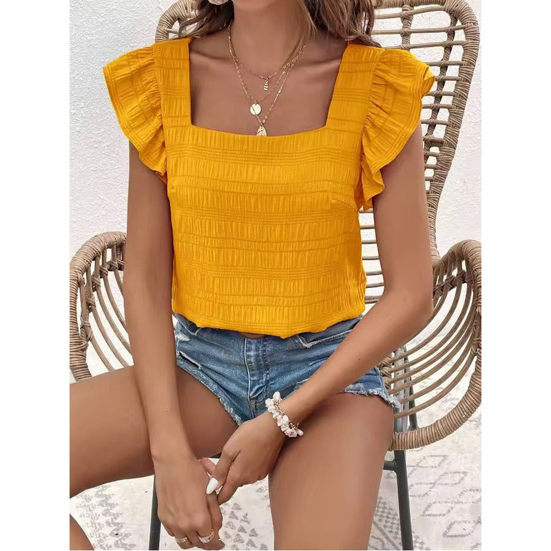 Blusa Remera Cuello Cuadrado Con Manga Corta Volado Uniteduy