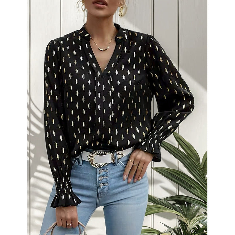 Camisa Blusa Manga Larga Cuello V Manga Volados Con Dorado
