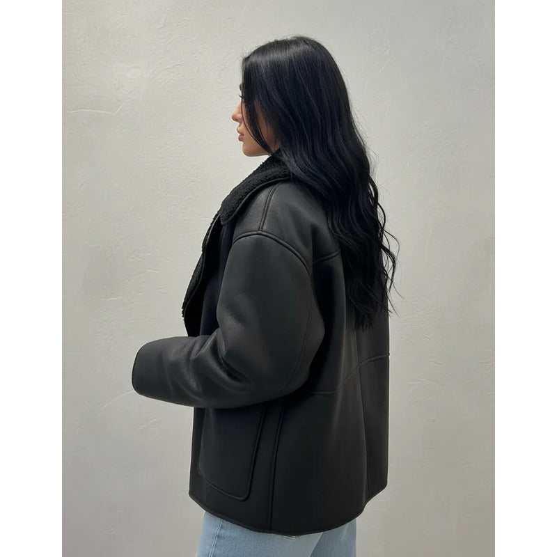 Campera Gamulán Cuello Solapa  Mujer Con Corderito Negro