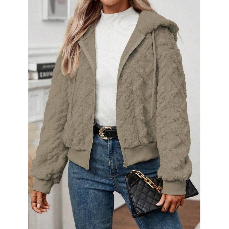 Campera Corta Trenzada Puños Capucha Polar Peluda Uniteduy